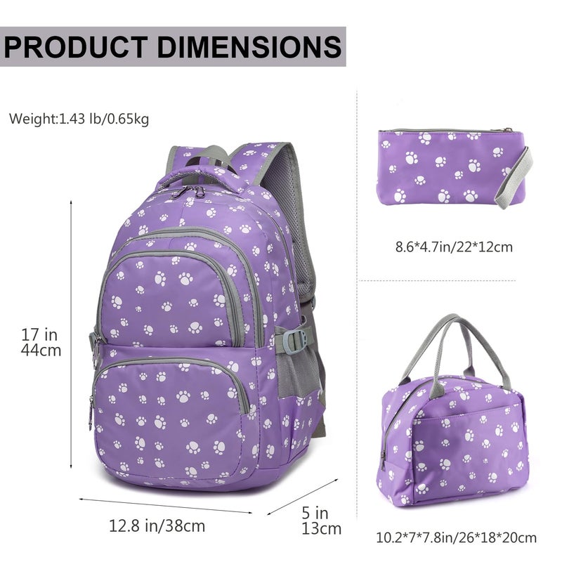 goldwheat 3Pcs Dog Paw Printed Backpack Set With Lunch-Bag For Girls Elementary Students Bookbag School-bag - Image 2